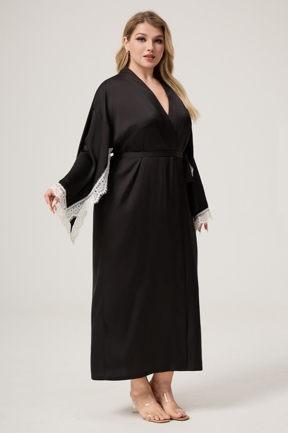 Curveins Plus Size Open-Sleeve Lace Top and Nightwear Set, Comfortable Stylish Lounge Outfit