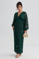 Curveins Plus Size V-Neck Sequin Balloon Sleeve Back-Slit Elegant Evening Maxi Dress