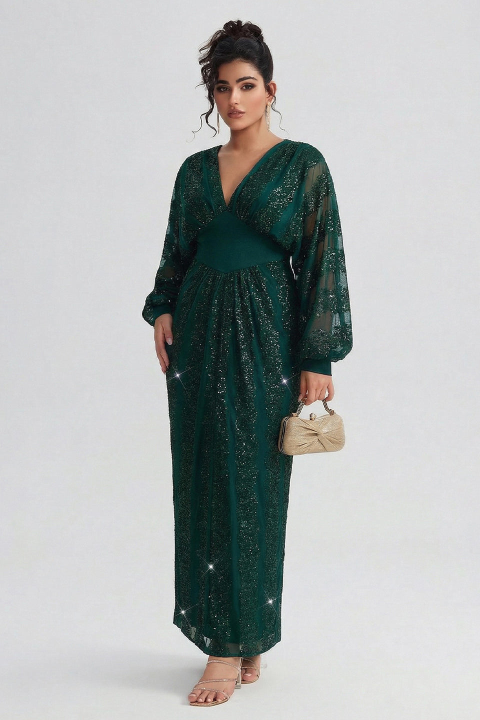 Curveins Plus Size V-Neck Sequin Balloon Sleeve Back-Slit Elegant Evening Maxi Dress