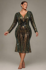 Curveins Plus Size V-Neck Long Sleeve Sequin Spider Stripe Waist Midi Dress