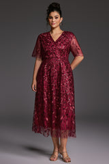 Curveins Plus Size V-Neck Ruffle Sleeve Embroidered Maxi Dress