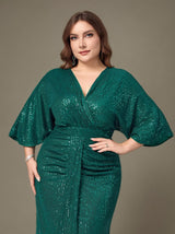 Curveins Plus Size Solid Color V-Neck High Waist Sequin Maxi Dress