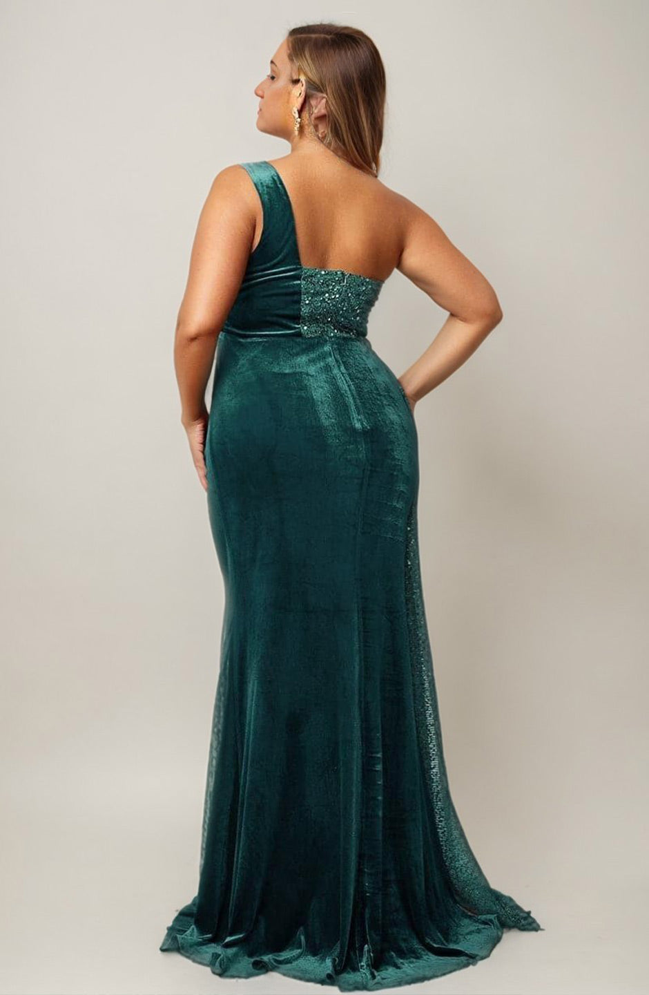 Curveins Plus Size One Shoulder Sequin Patchwork High Slit Maxi Dress