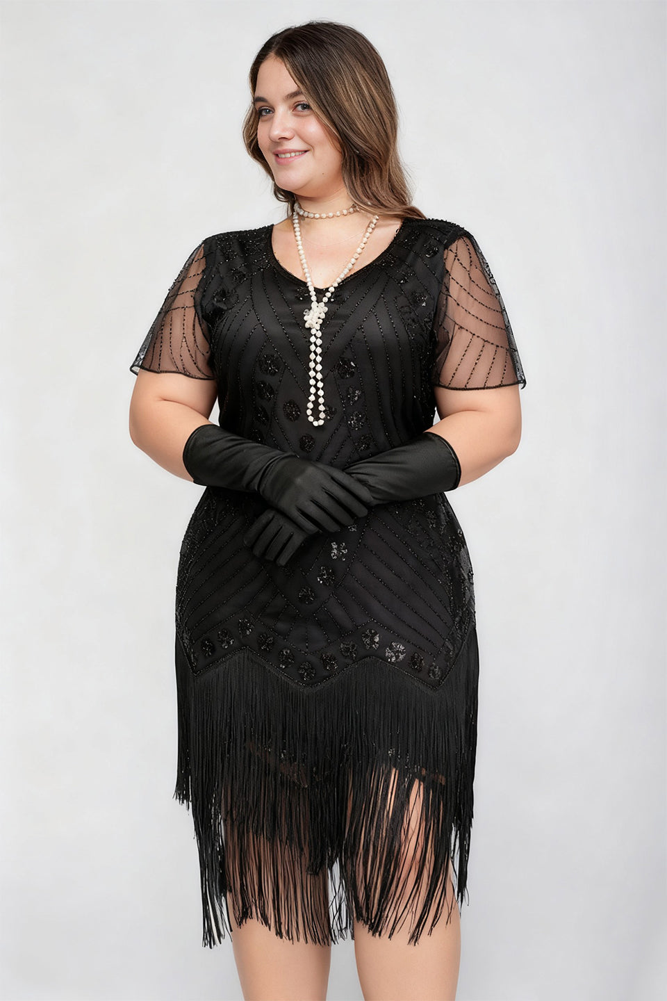 Curveins 1920s Black Stella Plus Size Sequin Fringe Flapper Gatsby Dress