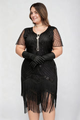 Curveins 1920s Black Stella Plus Size Sequin Fringe Flapper Gatsby Dress