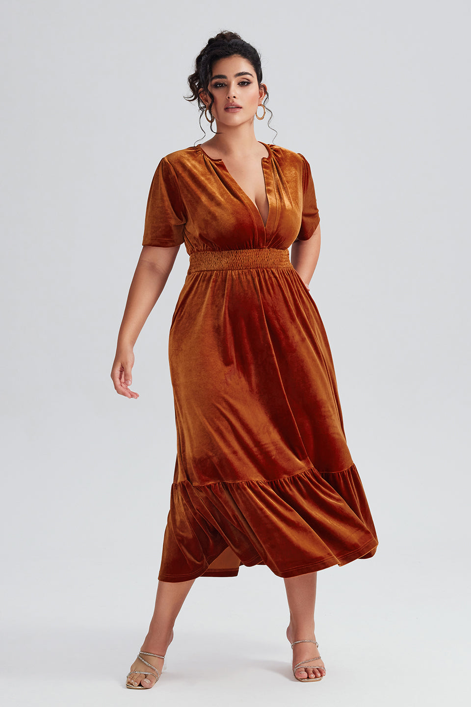 Curveins Plus Size Deep V-Neck Velvet Pocket Elastic Waist Maxi Dress