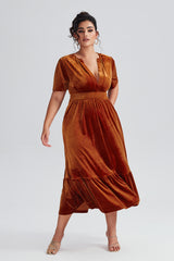 Curveins Plus Size Deep V-Neck Velvet Pocket Elastic Waist Maxi Dress