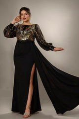 Curveins Plus Size Sequin-Panel Long Sleeve Waist-Defined Maxi Dress