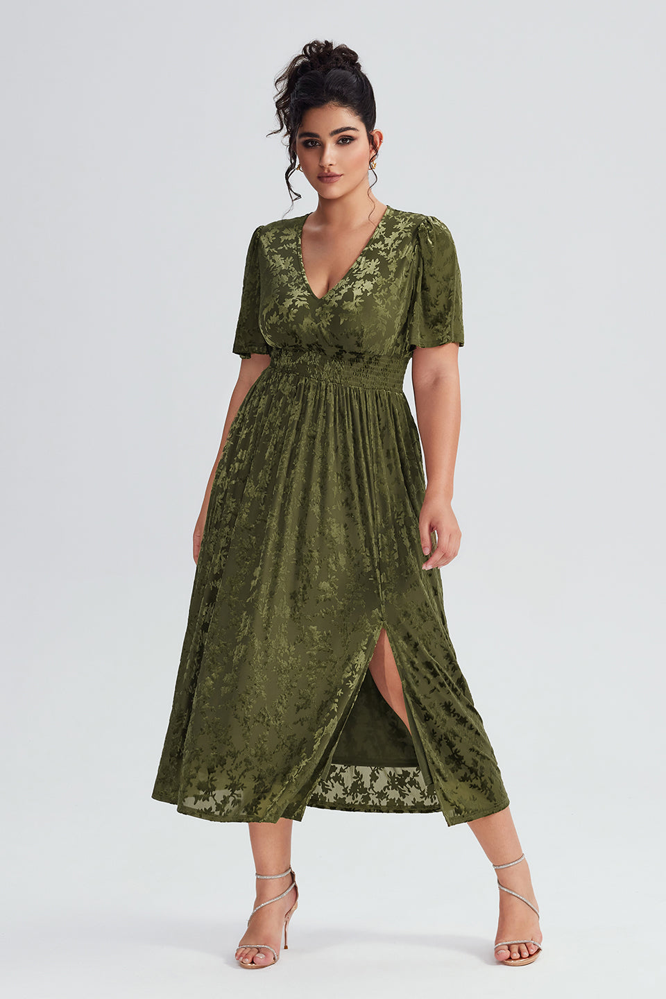 Curveins Plus Size Velvet V-Neck Elegance Plain Maxi Dress