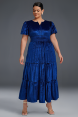 Curveins Plus Size Velvet V-Neck Pleated Maxi Dress