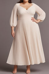 Curveins Plus Size Graceful V-Neck Long Sleeve Pleated Maxi Dress