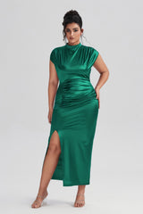 Curveins Plus Size Satin High-Waisted Ruched Slit Maxi Dress