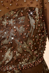 Curveins Plus Size Elegant Round Neck Sequin Floral Pattern Long Sleeve Split Maxi Dress