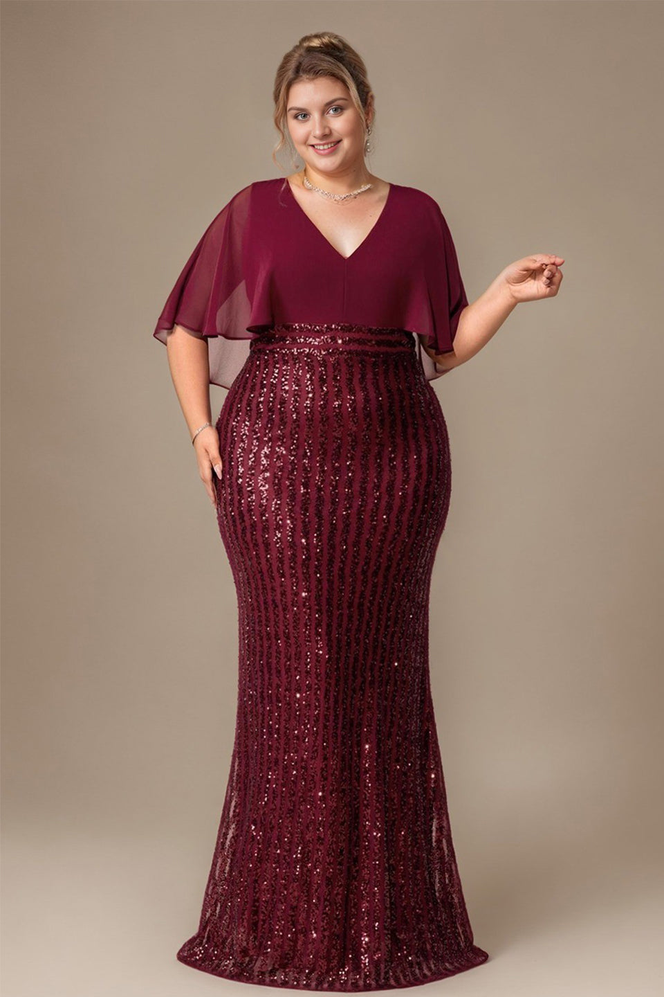 Curveins Elegant Plus Size V-Neck Cape Sleeve Sequin Bodycon Maxi Dress
