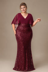 Curveins Elegant Plus Size V-Neck Cape Sleeve Sequin Bodycon Maxi Dress