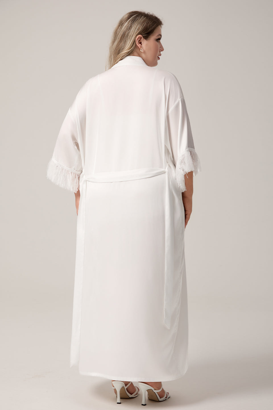 Curveins Plus Size Long Satin Chiffon Feather Sleeve Relaxed Fit Robe Sleepwear