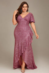 Curveins Plus Size V-Neck Short Sleeve Sequin Ruffle Slit Evening Gown