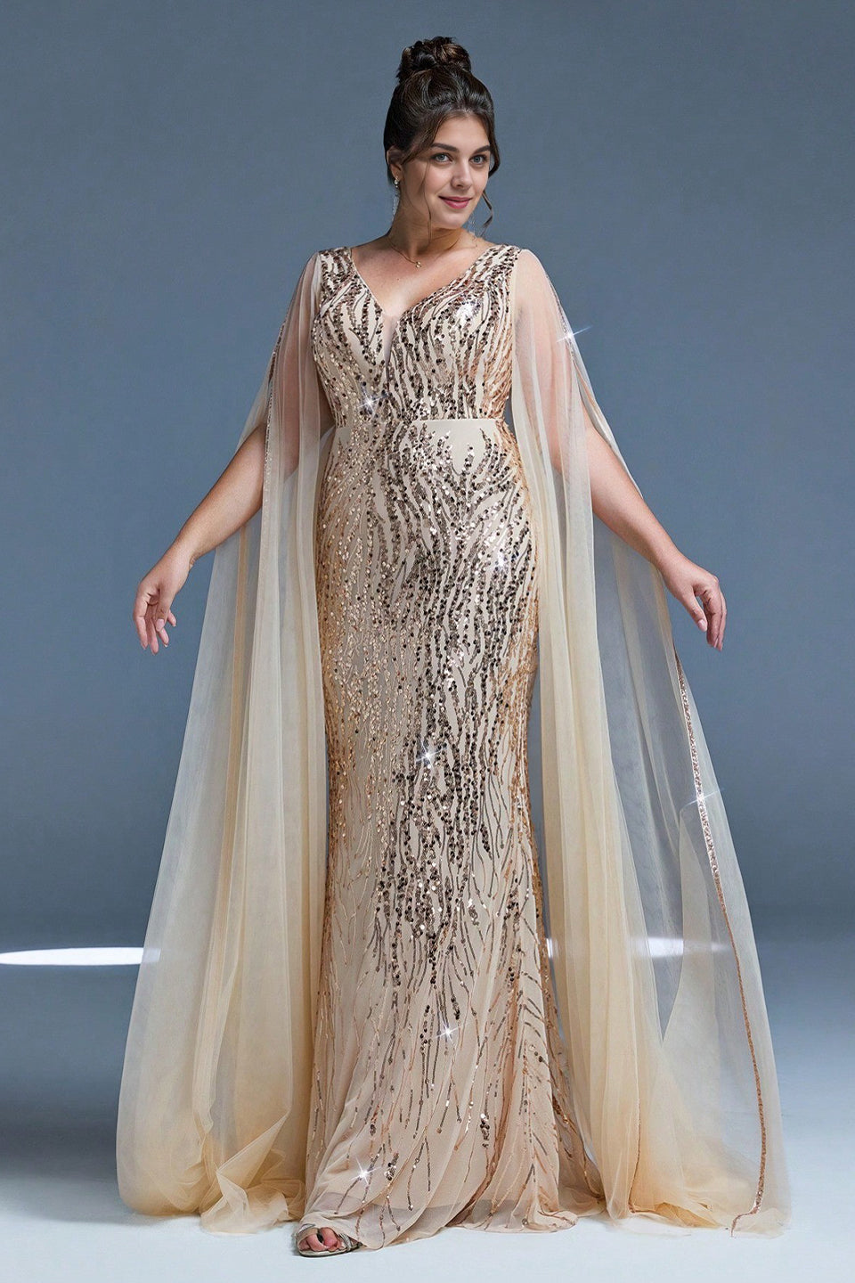 Curveins Plus Size V-Neck Sequin Maxi Dress with Cape Sleeves