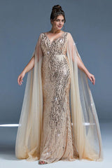 Curveins Plus Size V-Neck Sequin Maxi Dress with Cape Sleeves