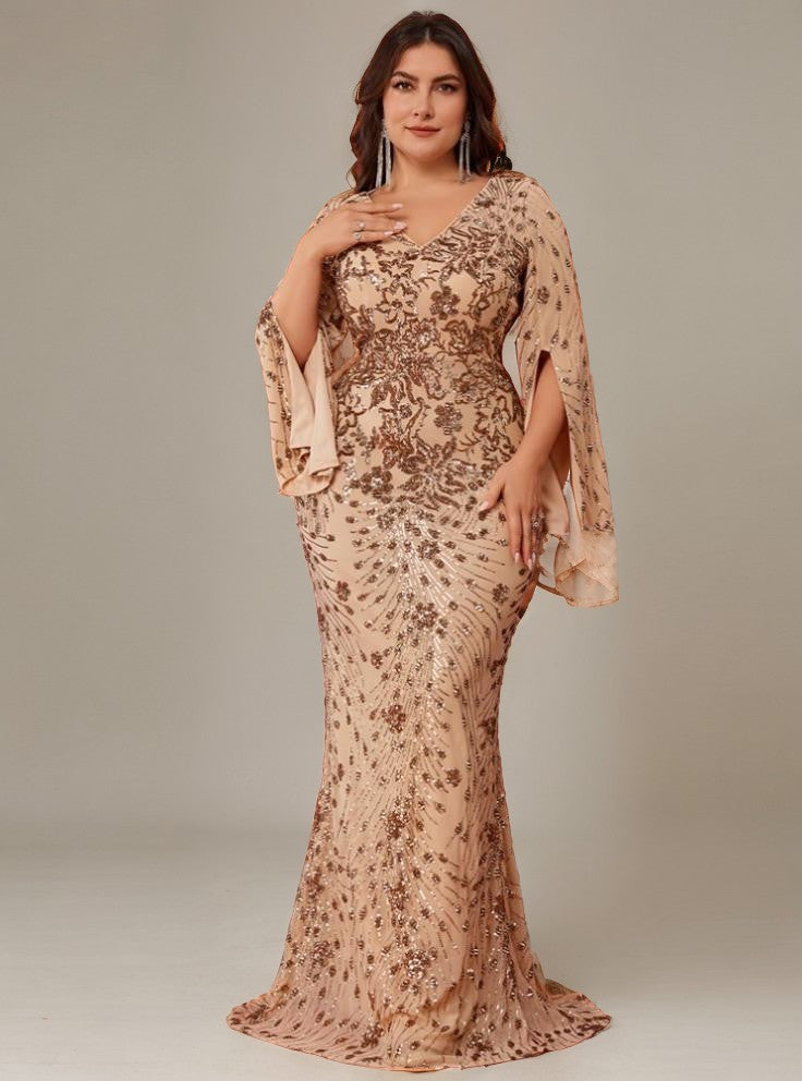 Curveins Plus Size V-Neck Long Sleeves Sequin Floral Bodycon Maxi Dress