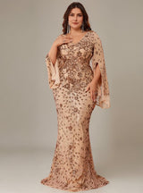 Curveins Plus Size V-Neck Long Sleeves Sequin Floral Bodycon Maxi Dress