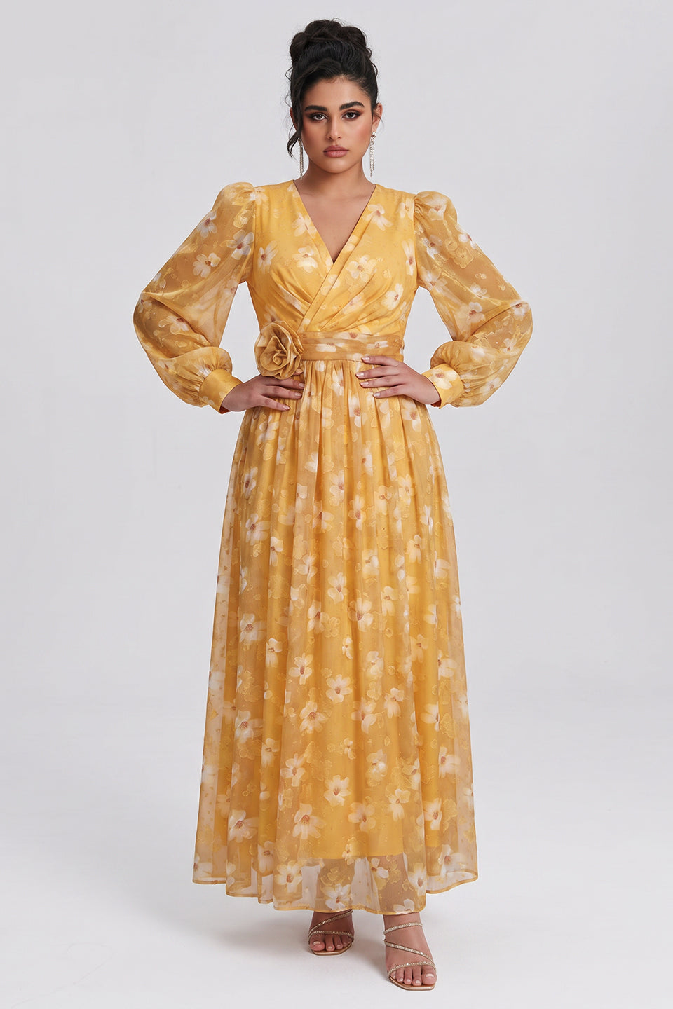 Curveins Plus Size V Neck Puff Sleeve Floral Print Ruched Waist Feminine Maxi Dress