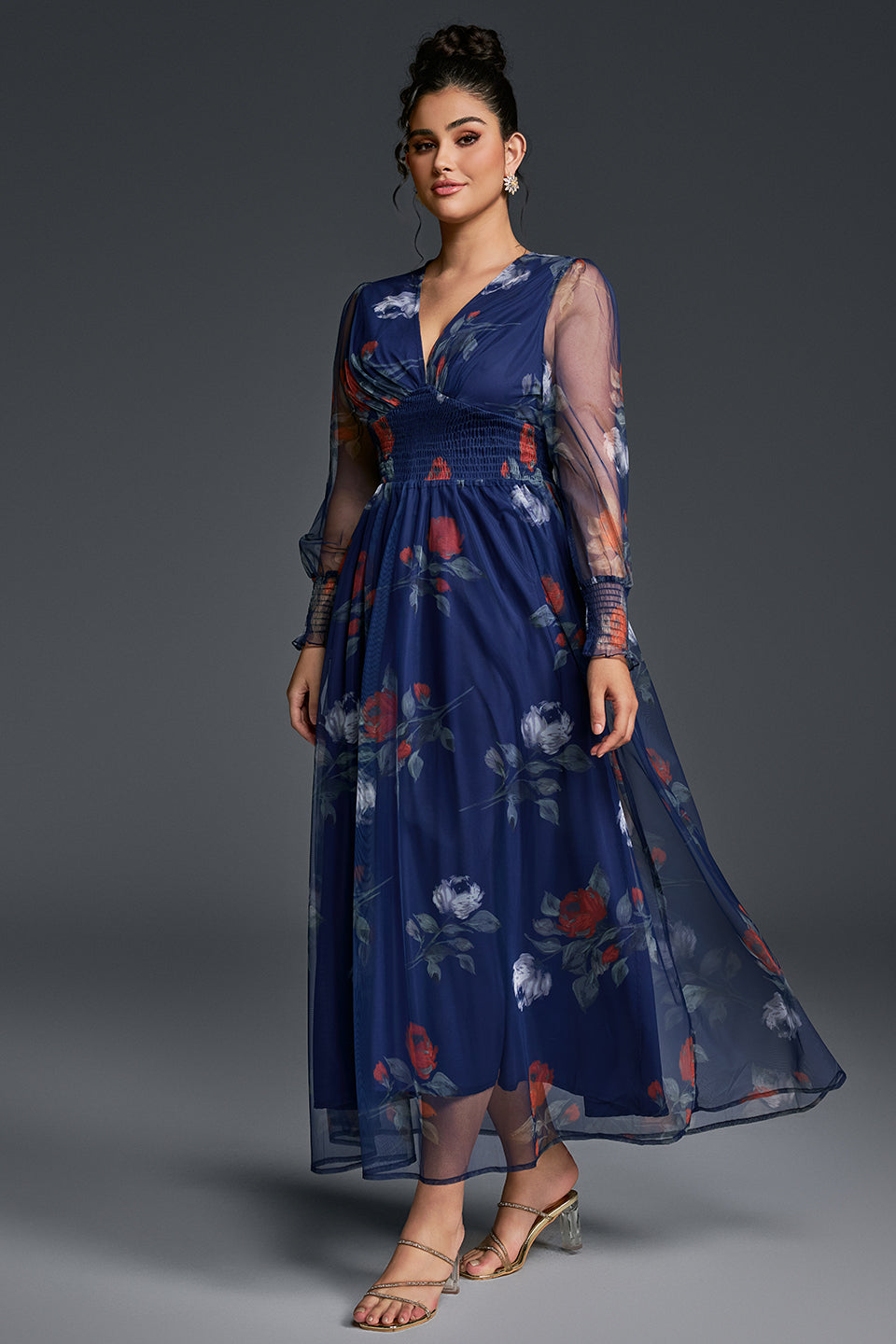 Curveins Plus Size V-Neck Floral Mesh Maxi Dress