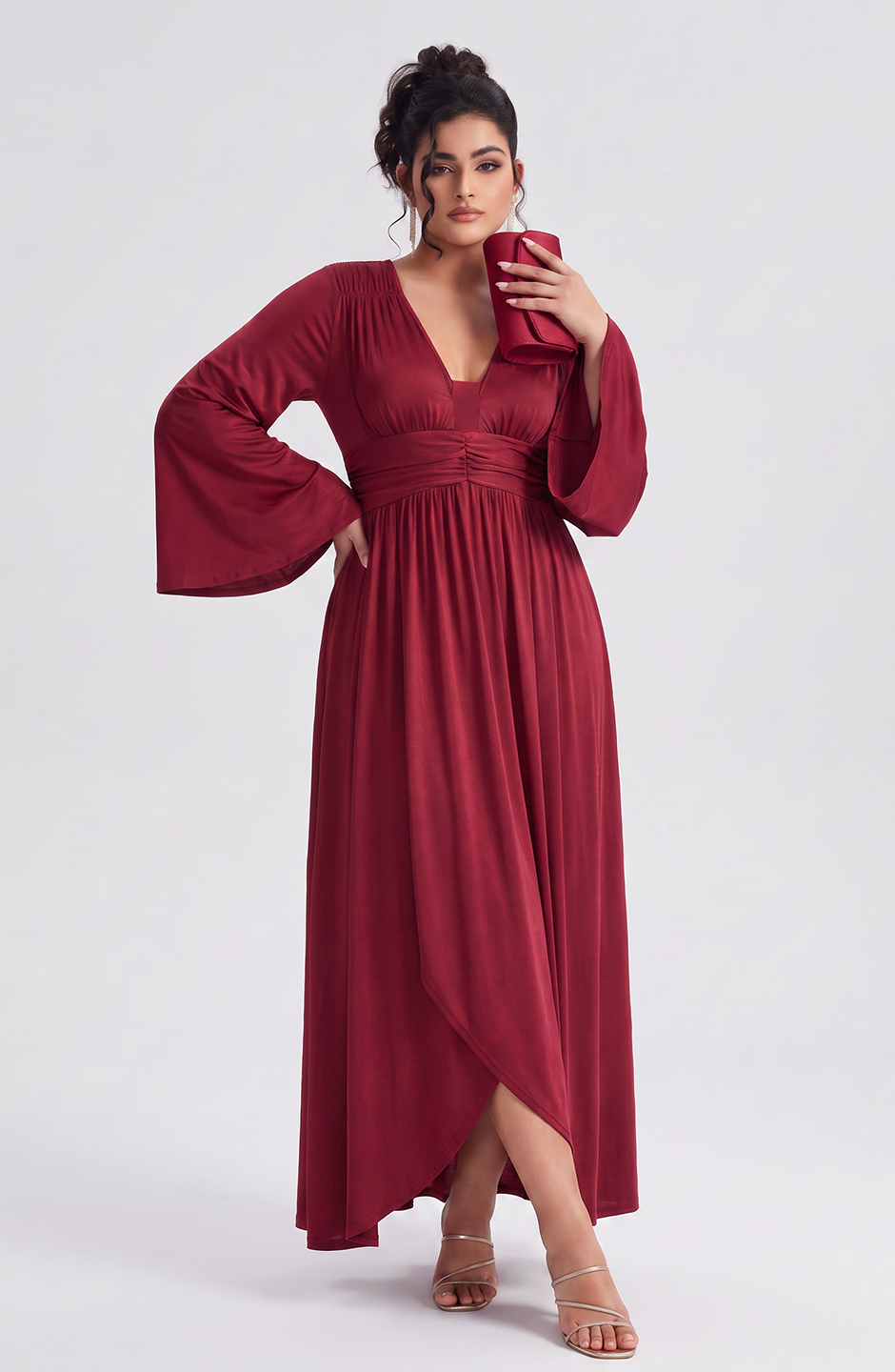 Curveins Plus Size Solid Color Long Sleeve V Neck Ruched Waist Elegant Maxi Dress