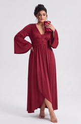 Curveins Plus Size Solid Color Long Sleeve V Neck Ruched Waist Elegant Maxi Dress