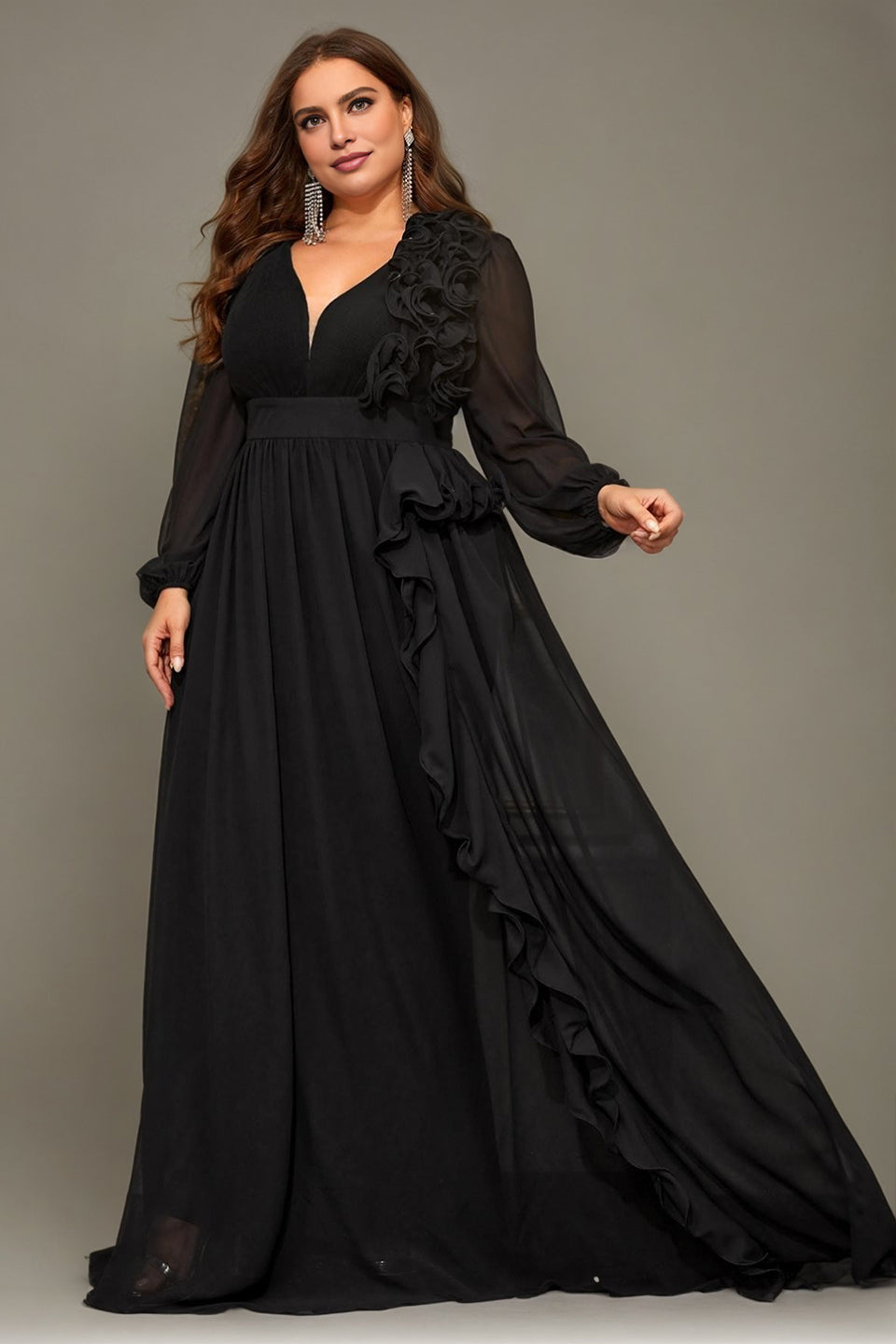 Curveins Plus Size V-Neck Chiffon Maxi Dress with Floral Lantern Sleeves