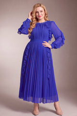 Curveins Plus Size Elegant Round Neck Long Sleeve Ruched Waist Slim Fit Evening Maxi Dress