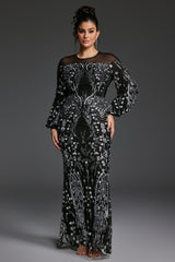 Curveins Plus Size Sheer Round Neck Puff Sleeve Patterned Sequin Bodycon Maxi Dress