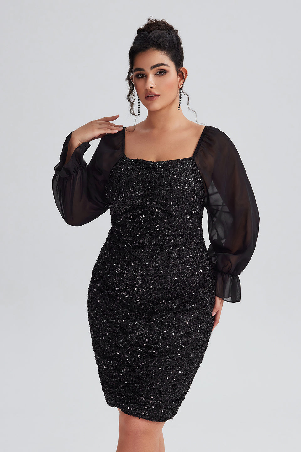 Curveins Plus Size Sexy Square Neck Mesh Sequins Bodycon Dress