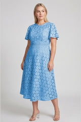 Curveins Plus Size Lace Hollow Detail Round Neck Short Sleeve Waist Defining Midi Dress