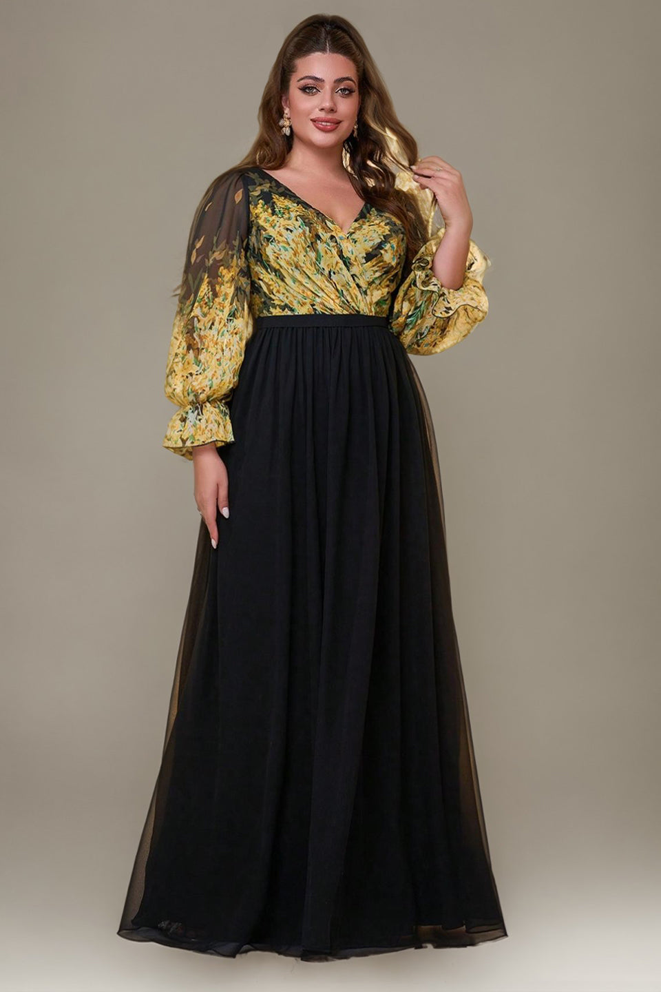 Curveins Plus Size V-Neck Floral Patchwork Maxi Dress with Flattering Flare Sleeves, 18-20/2X / Yellow
