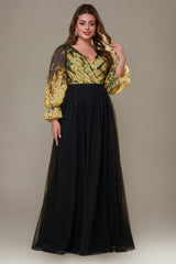 Curveins Plus Size V-Neck Floral Patchwork Maxi Dress with Flattering Flare Sleeves