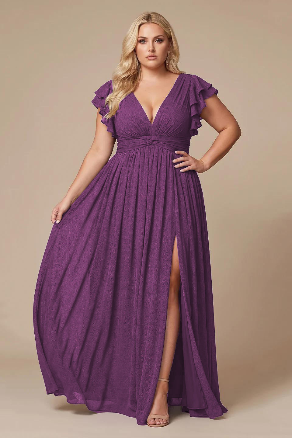 Curveins Plus Size V-Neck Ruffle Sleeve Split A-Line Maxi Dress