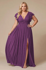Curveins Plus Size V-Neck Ruffle Sleeve Split A-Line Maxi Dress