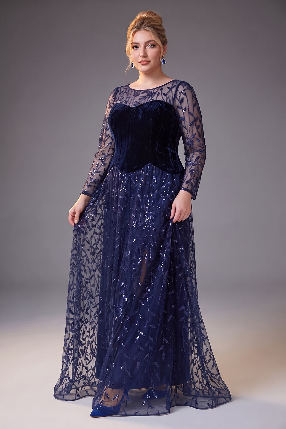 Curveins Plus Size Crew Neck Long Sleeve Leaf Sequin High Slit Velvet Maxi Dress