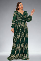 Curveins Plus Size Sequin V-Neck Lantern Sleeve Formal Party Maxi Dress
