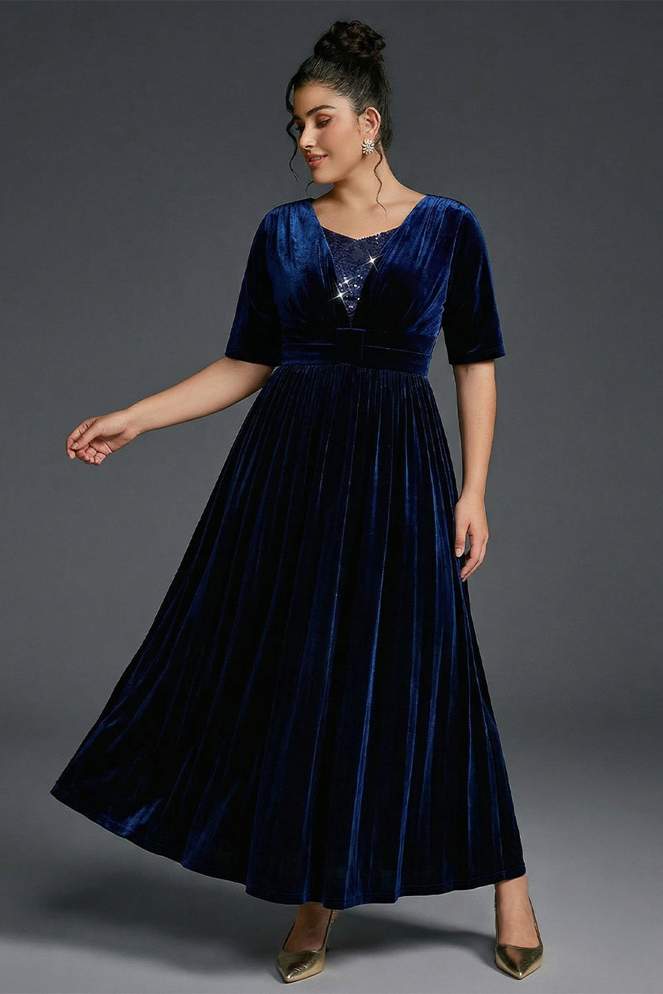 Curveins Plus Size V-Neck Sequin Bust Velvet Waist-Defined Maxi Dress