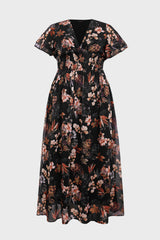 Curveins Plus Size V Neck Batwing Sleeve Floral Print Flowing Maxi Dress