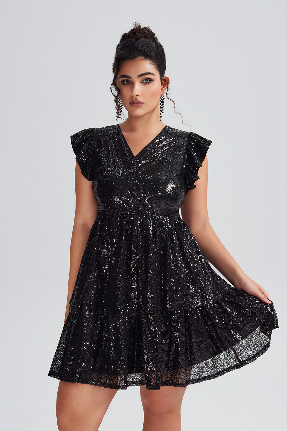 Curveins Plus Size Flutter Sleeve Patchwork Sequin Dress