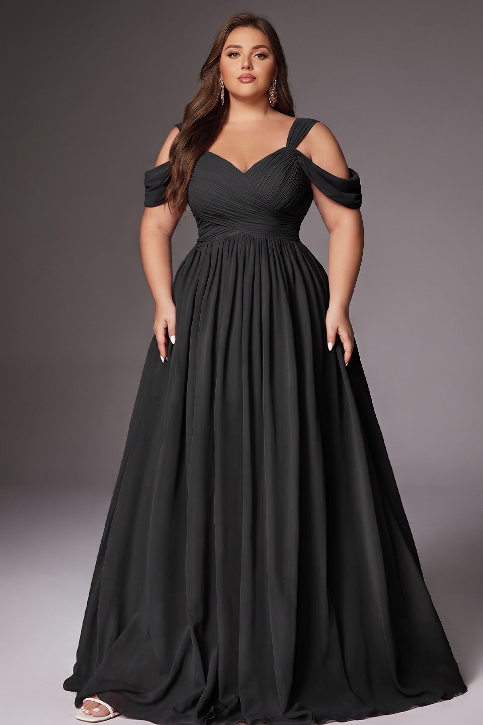 Curveins Plus Size Sleeveless V Neck Ruched Waist Flowing Elegant Maxi Dress