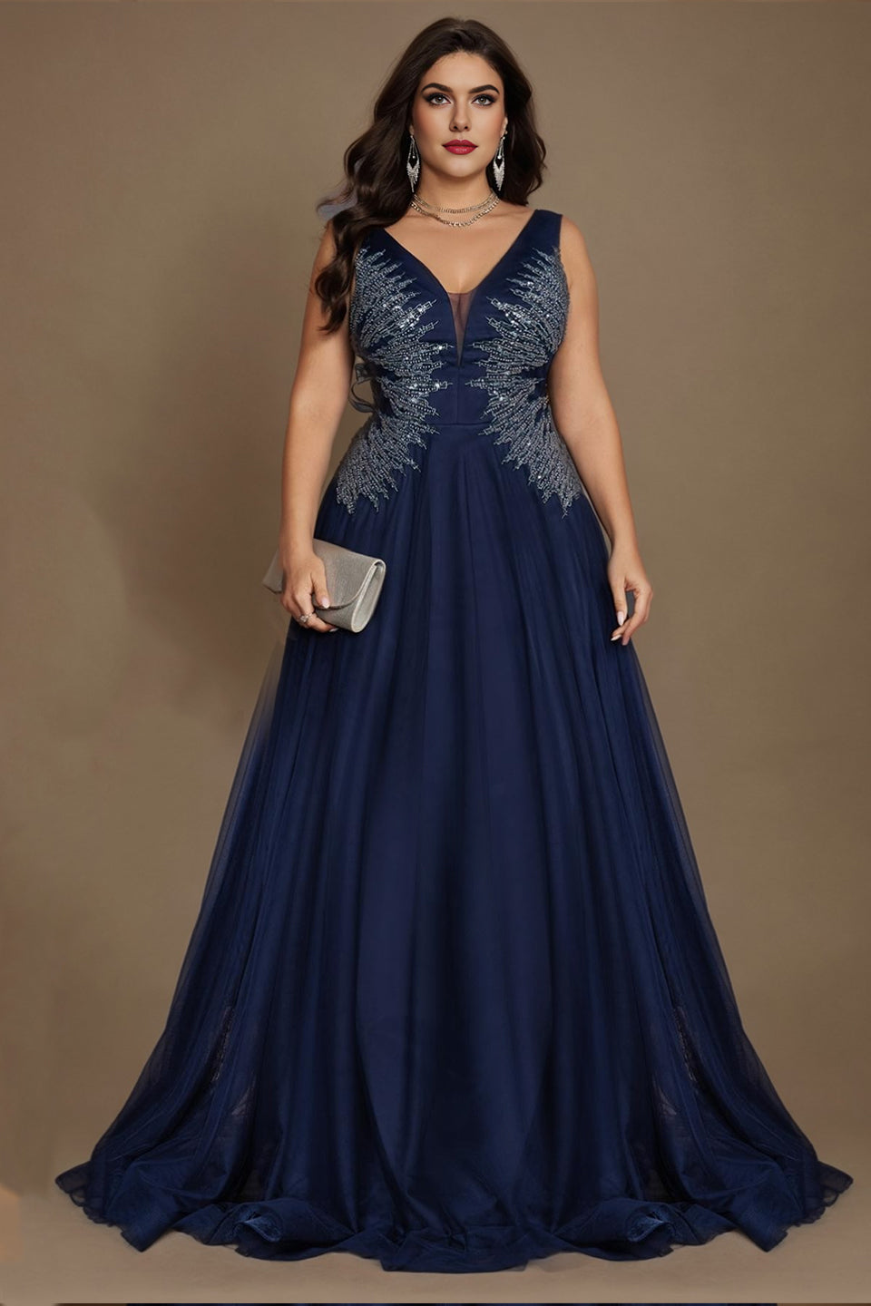 Curveins Plus Size V-Neck Sleeveless Waist-Defined Maxi Dress