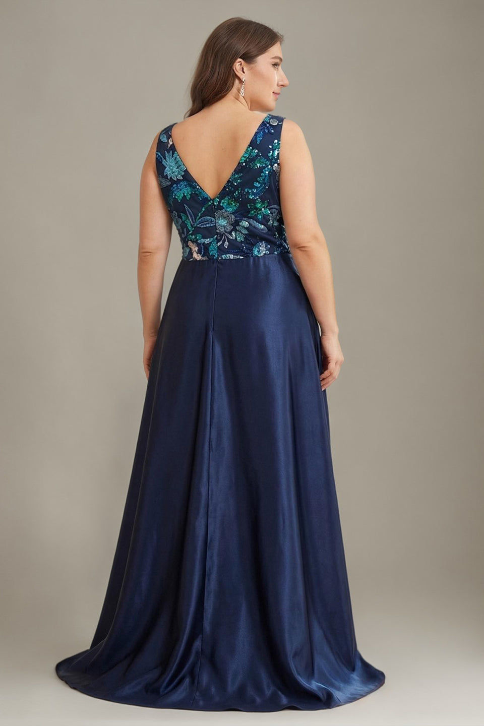 Curveins Plus Size V Neck Sequin Sleeveless Ruched Elegant Evening Maxi Dress