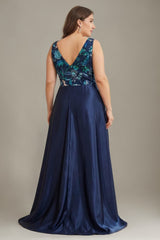 Curveins Plus Size V Neck Sequin Sleeveless Ruched Elegant Evening Maxi Dress