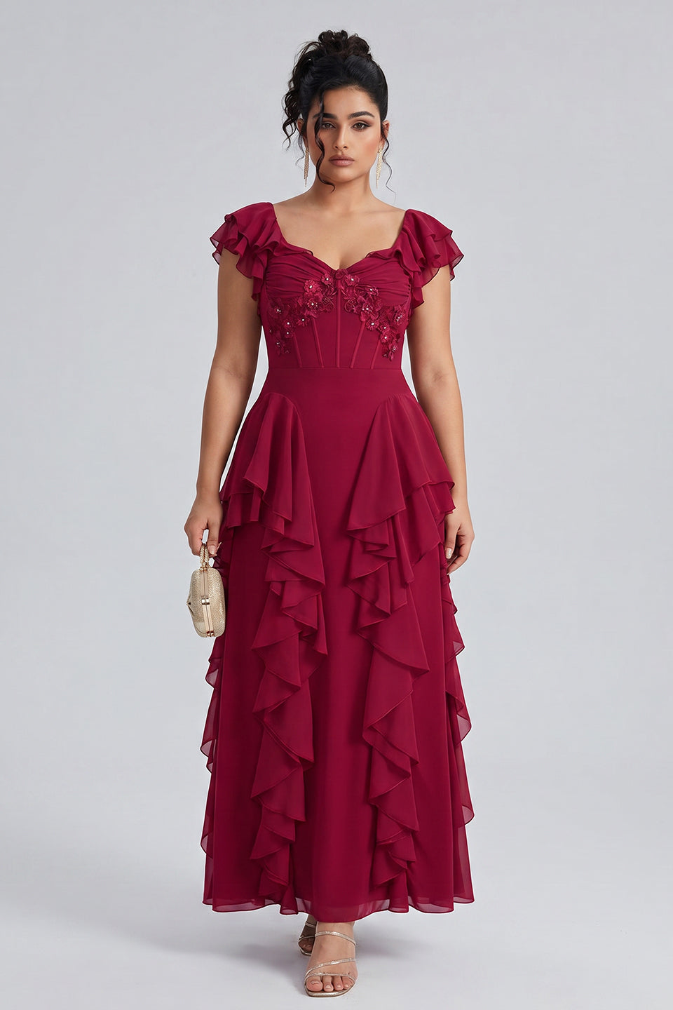 Curveins Plus Size V Neck Short Sleeve Pleated Waist Flowy Tiered Maxi Dress