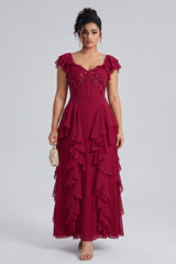 Curveins Plus Size V Neck Short Sleeve Pleated Waist Flowy Tiered Maxi Dress