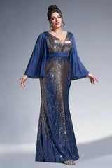 Curveins Plus Size Sparkling V-Neck Batwing Long-Sleeve Curve-Fit Maxi Dress